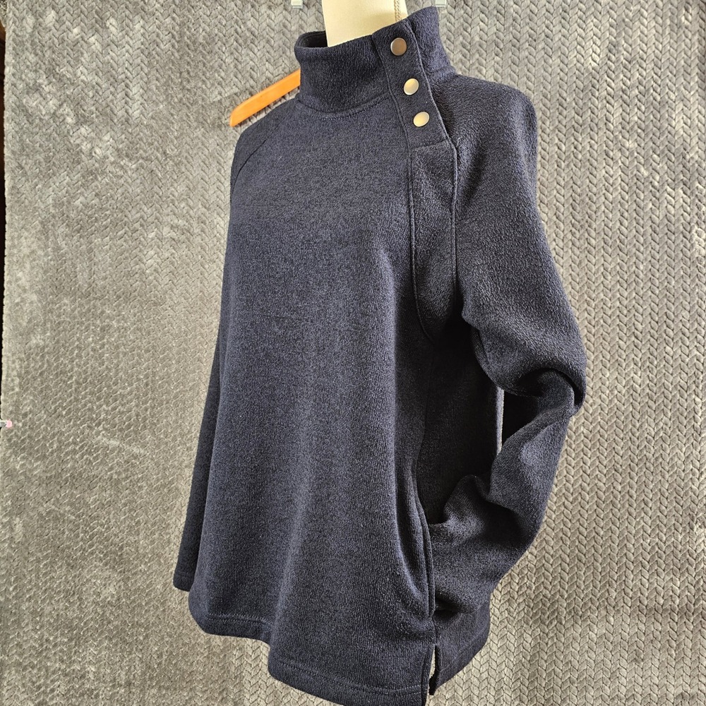 Eddie Bauer Womens Navy Blue Fleece Mock Neck Snap Button Pullover Sweatshirt L‎